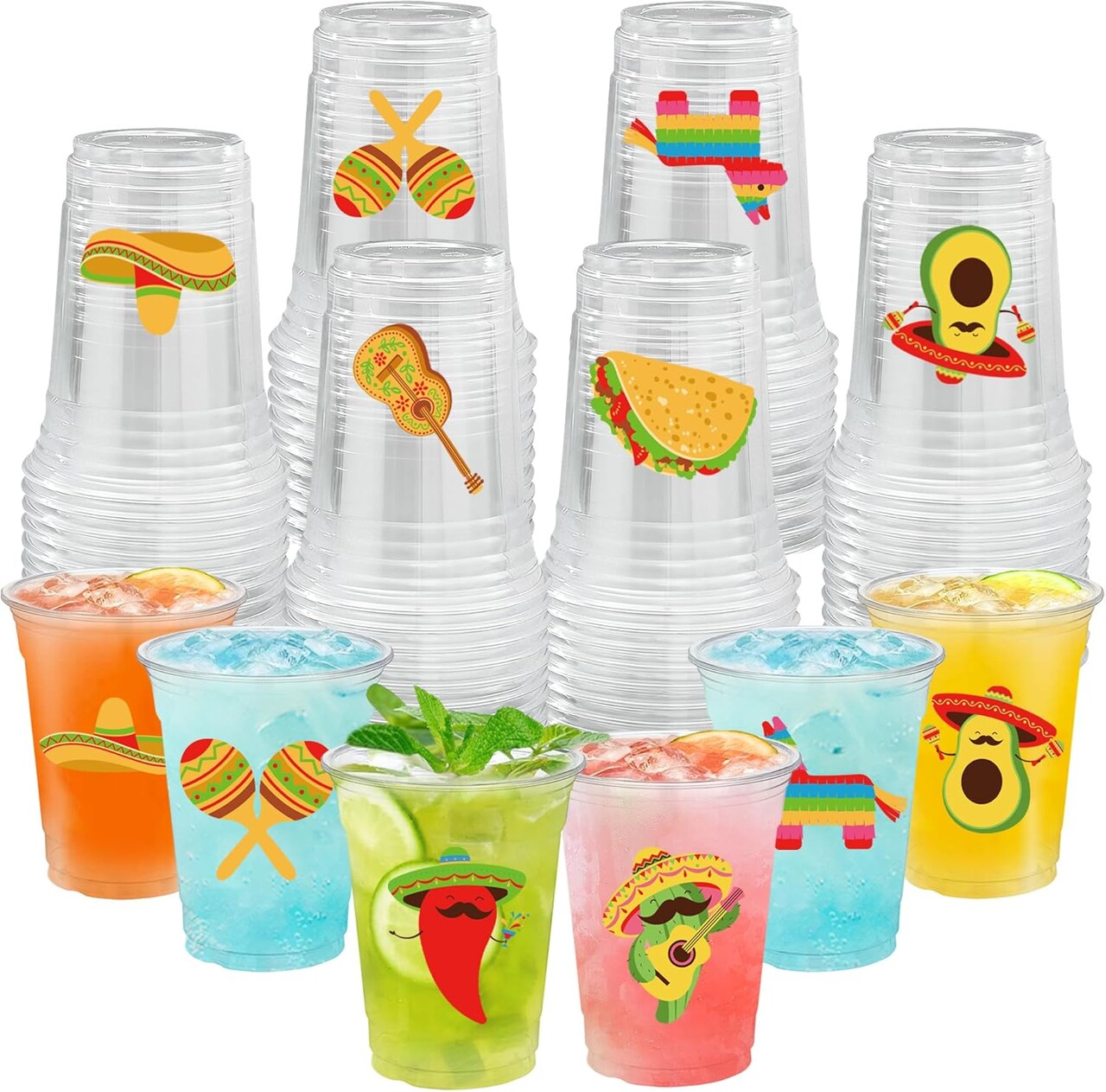 50PCS Mexican Fiesta Plastic Cups – 16 oz Clear Disposable Party Cups with Colorful Designs for Cinco De Mayo, Taco Night, Birthday & Hispanic Heritage Celebrations